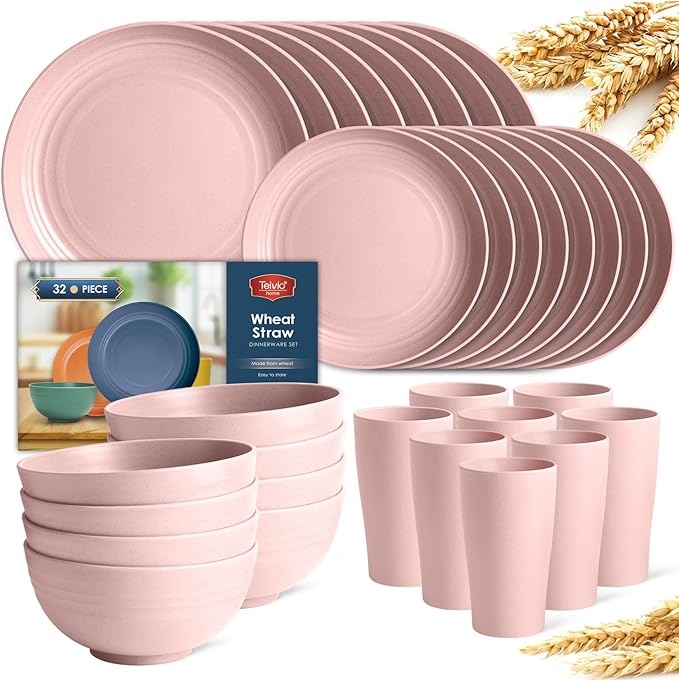Teivio 32-Piece Kitchen Plastic Wheat Straw Dinnerware Set Service for 8 Dinner Plates Dessert Plate Cereal Bowls Cups Unbreakable Colorful Plastic Outdoor Camping Dishes Pink