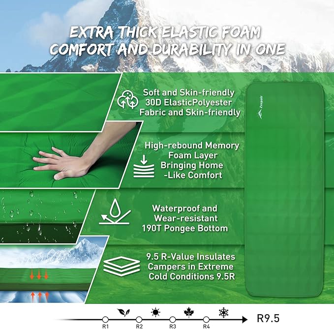 Buheco Sleeping Pad for Camping Self-Inflating 9.5 R Value 3 Ultra-Thick Memory Foam Comfort Plus Camping Mats for Backpacking Travelling &amp Hiking Portable Air Mattress for 4-Season Green