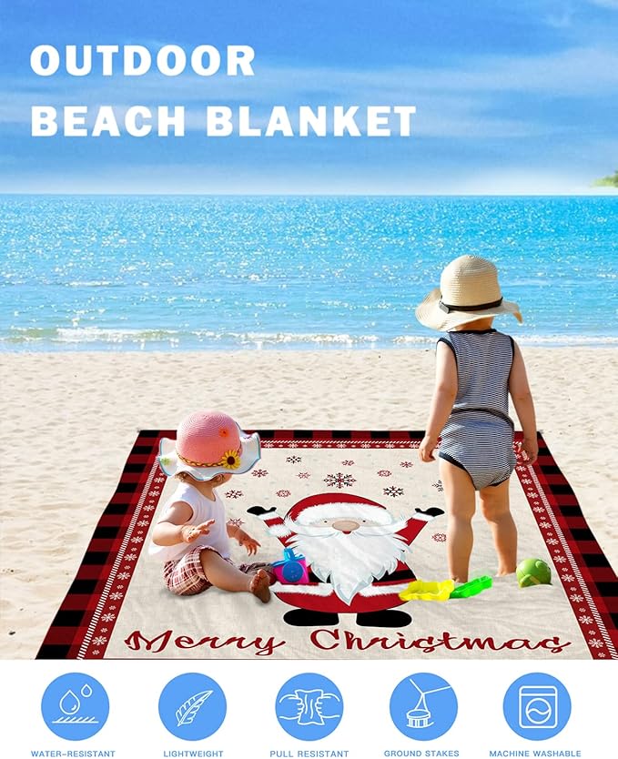 Beach Blanket Waterproof Sandproof OversizedMerry Christmas Cute Santa Winter Snowflake Beach Mat with Corner Stakes Sand PocketsRed Buffalo Plaid Black Check Outdoor Picnic Mat for Travel 95x80In