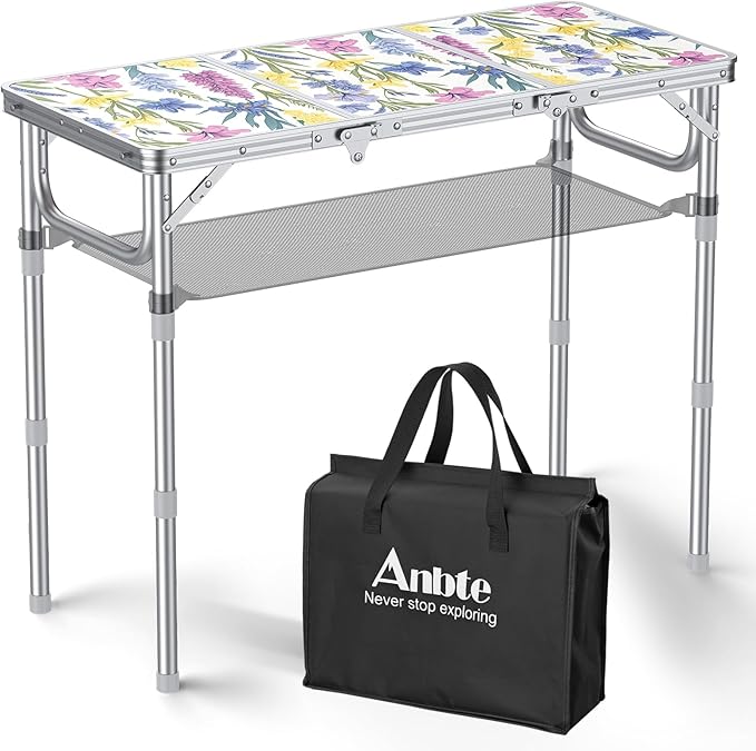 Anbte 3ft Folding Camping Table with Storage Net &amp Bag 3 Adjustable Height Max 27.5 Outdoor Folding Table Lightweight Portable Handle for Outdoor Indoor Camping Beach RV Picnic Blooming Floral