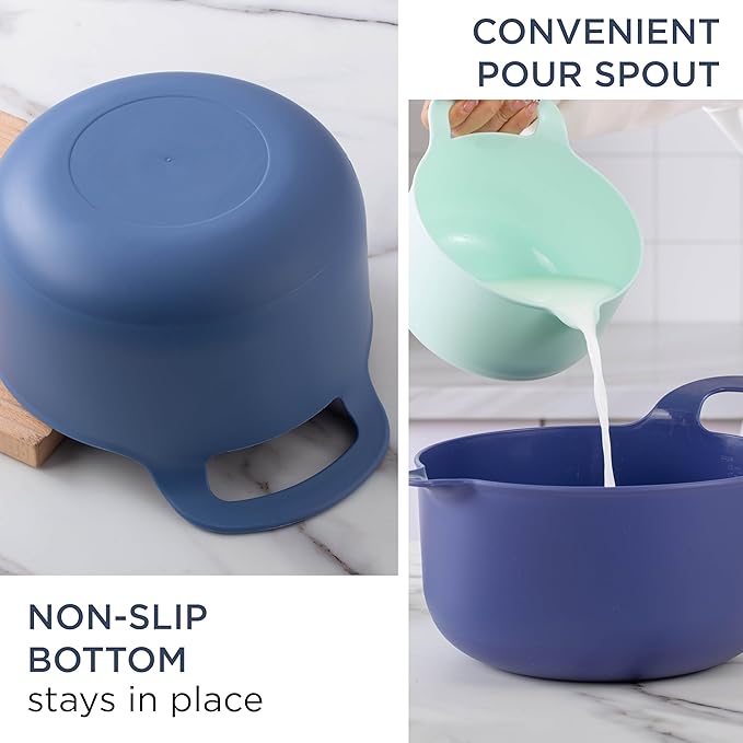 COOK WITH COLOR Nesting Plastic Mixing Bowl Set with Pour Spouts and Handles Blue 6 Piece Non-Slip