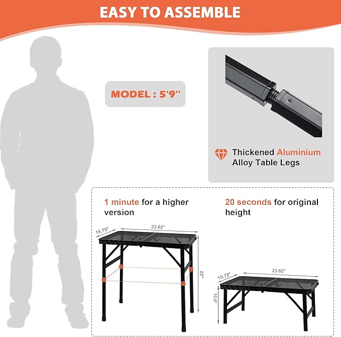 Camping Table with Mesh Desktop Lightweight &amp Portable Small Folding Grill Table Height Adjustable Metal Outdoor Table for Camp Cooking BBQ RV Picnic-2 FT Black