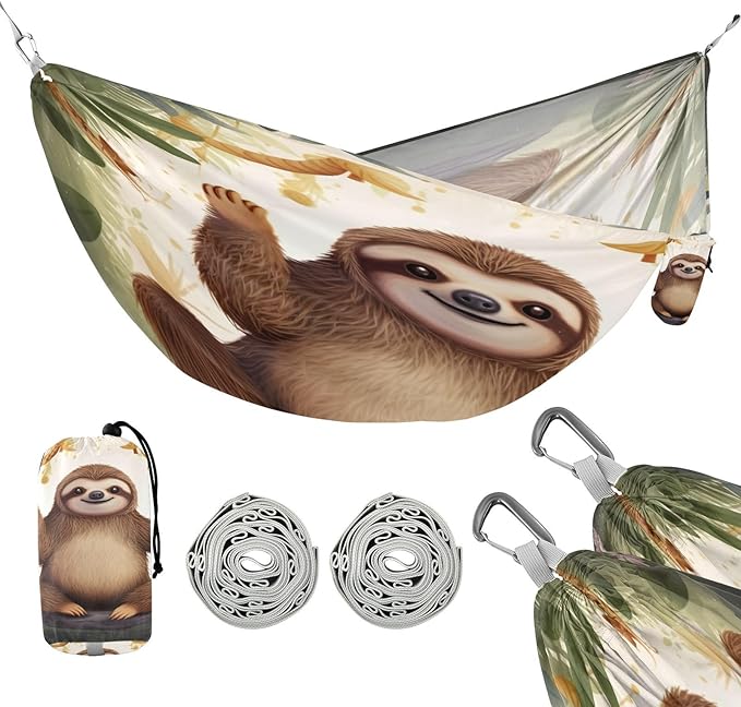 Cute Sloth Camping Hammock 330 lbs with 2 Tree Straps Carry Bag Single Portable Hammock for Outdoor/Indoor Hiking Beach Backpacking Travel