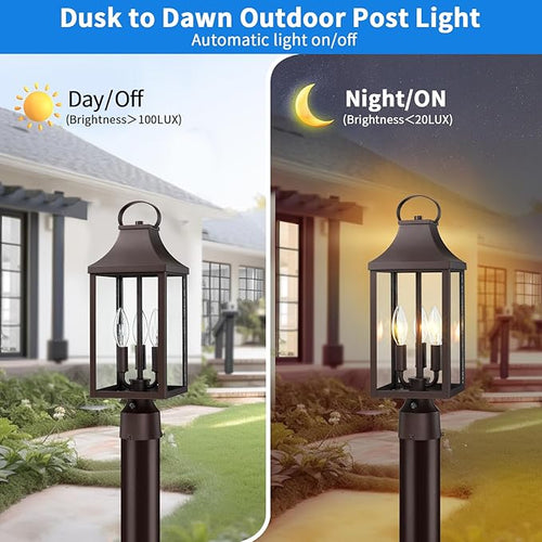 18.62'' Dusk to Dawn Post Light Outdoor Large 3-Light Lamp Post Light Fixture Modern Pillar Outside Lighting Waterproof Post Lantern Lamp Outdoor Post Light Fixtures Pole Lights for Porch Brown
