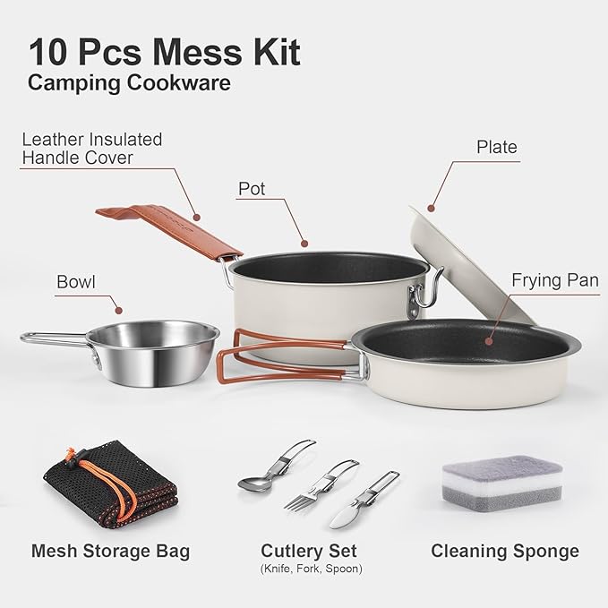Odoland 10pcs Camping Cookware Non-Stick Camping Pot and Pan Set with Plate Bowl Fork Knife Spoon for Backpacking Hiking Outdoor Cooking and Picnic