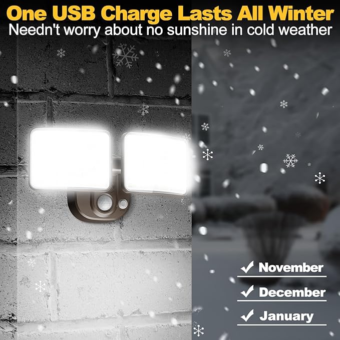 Rechargeable Battery-Powered Motion Light (1-3 Months Endurance) 2500LM Standard &amp 4000LM High-Brightness Dual Modes USB Charging Outdoor LED Flood Light for GarageYardPatioGarden (Brown) 2 P
