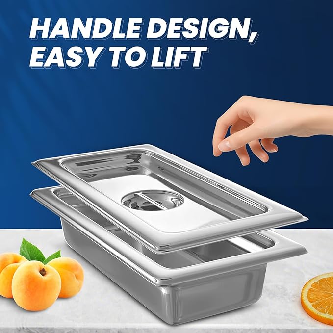 1/3 Size Slotted Steam Table Pan Cover with Handle 6-Pack Hotel Pan LidsAnti-Jam Food Pan Cover Catering Food Cover for Stainless Steel Metal Tray Set