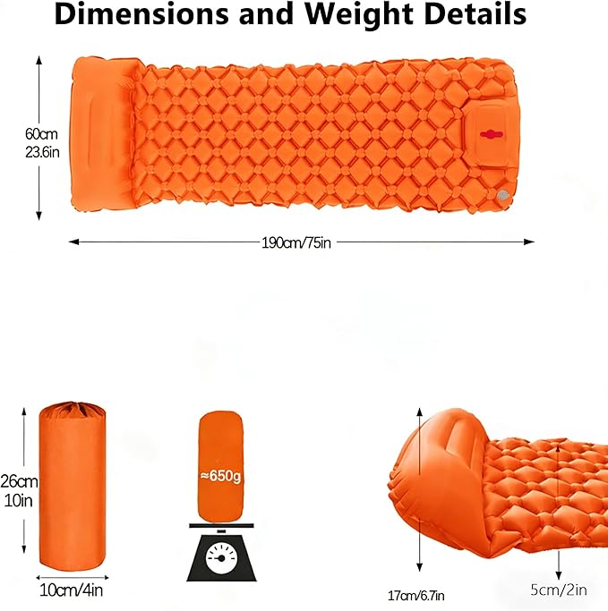SNZ Camping Sleeping Pad Ultralight Camping Mat with Pillow Built-in Foot Pump Inflatable Sleeping Pads Compact for Backpacking Tent Travel Outdoor Activities (Single)