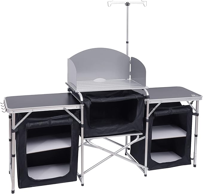 Nice C Camping Kitchen Table Folding Grill Table Upgrade Light Stand and Windshield Cooking Station &amp 3 Organizers Carry Bag for Outdoor Beach BBQ Picnic Cooking Indoor Office(Silver)