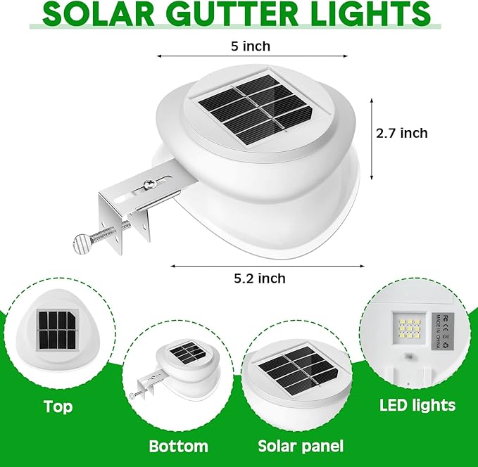Yinder 12 Pieces Solar Gutter Lights Outdoor 9 LED Waterproof Gutter Solar Lighting Deck Fence Lamps White Lamps for Garden Backyard Pathway Roof Yard Utility Patio Wall(White)