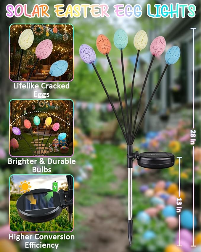 Upgraded 4 Pack Solar Easter Egg Lights Outdoor Colorful Swaying Firefly Lights with 2 Lighting Modes Waterproof Solar Pathway Lights for Spring Garden Lawn Yard Patio Porch Easter Decorations