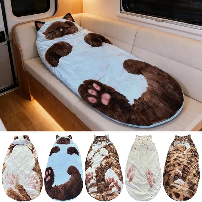 Cat Sleeping Bag Cat Shaped Plush Sleeping Bag for Human Large Cats Envelopes Sleepings Bags Washable Warm Blanket for Adult Camping Travel Sleepovers Home Office