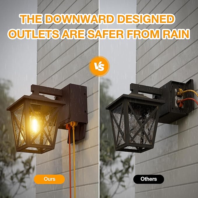 Ehaho Porch Lights with Outlet Dusk to Dawn Outdoor Light Built-in Waterproof Anti-Rust Lantern Outside Light with GFCI Outlet Wall Sconce Light with Plug for Front Door (Brown 1 PC) (Pack of 2)