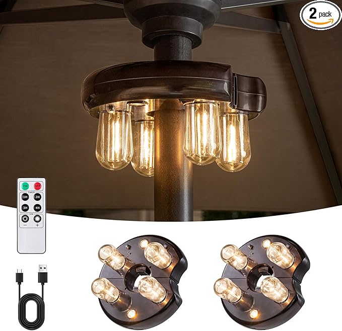 Patio Umbrella Light with Remote Control Rechargeable Cordless LED Edison Bulbs Pole Light with 10 Brightness Levels for Garden Patio Backyard Camping or BBQ - Brown (2 Pack)