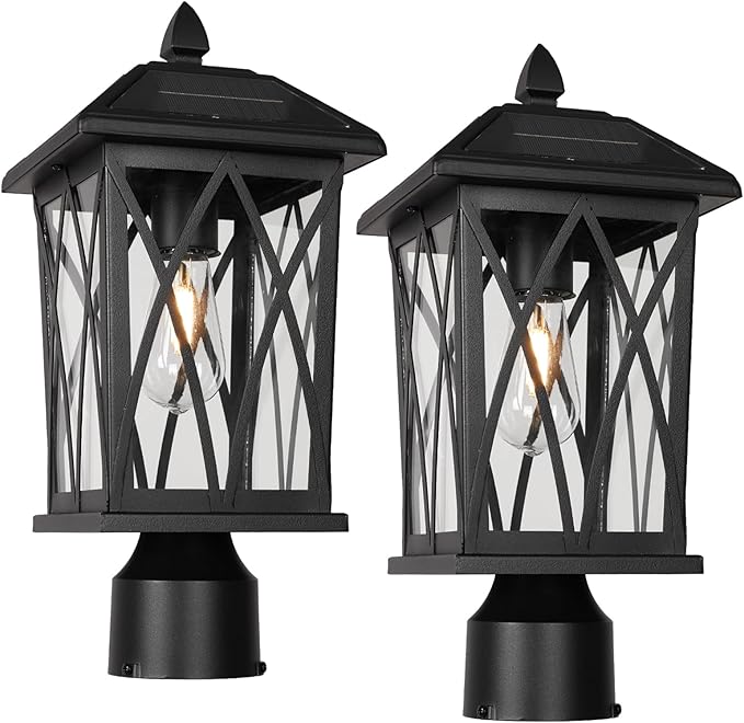 Treekee Solar Outdoor Post Light Black Rustic Outside Pillar Lantern with Clear Glass Waterproof LED Solar Powered Lamp for Patio Garden Pathway Porch Garage Fence 2 Pack (Bulb Included)