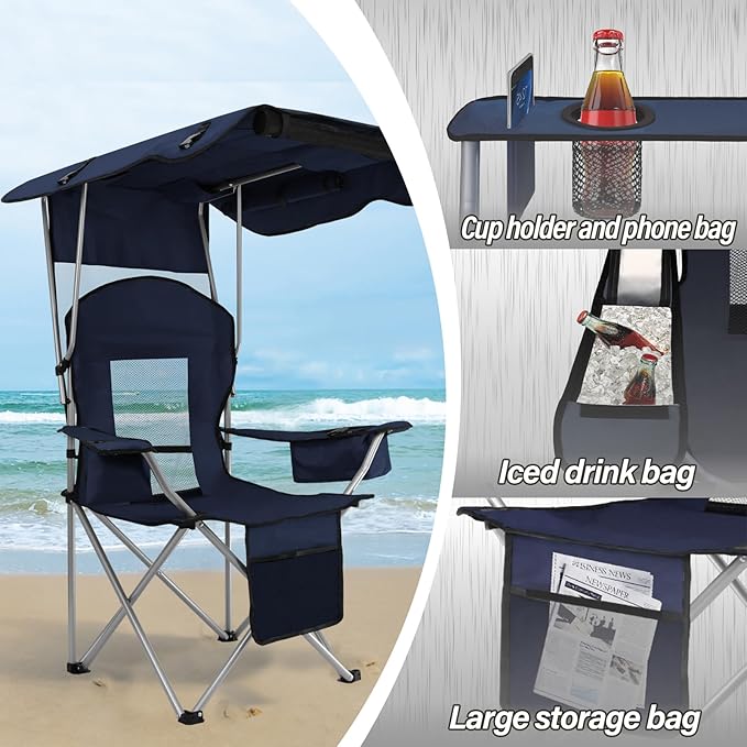 Beach Chair with Canopy Shade Folding Camping Chair Support to 330LBS Outdoor Chair with Cup Holder &amp Cooler Bag for Travel Hiking