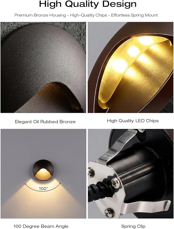 CLOUDY BAY [12 Pack] Anti-Glare Low Voltage LED Deck Lights - 12-24V Recessed Step Riser IP65 In-Ground Outdoor 2700K Warm White Aluminum Housing Oil Rubbed Bronze Finish