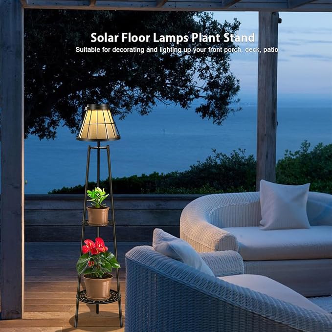 2 Pack Solar Floor Lamps Outdoor with 2-Tier Plant Stand Metal Tall Planter Holder with Waterproof LED Lantern Decorative Patio Light &amp Flower Pot Display Rack for Garden Deck Porch Balcony