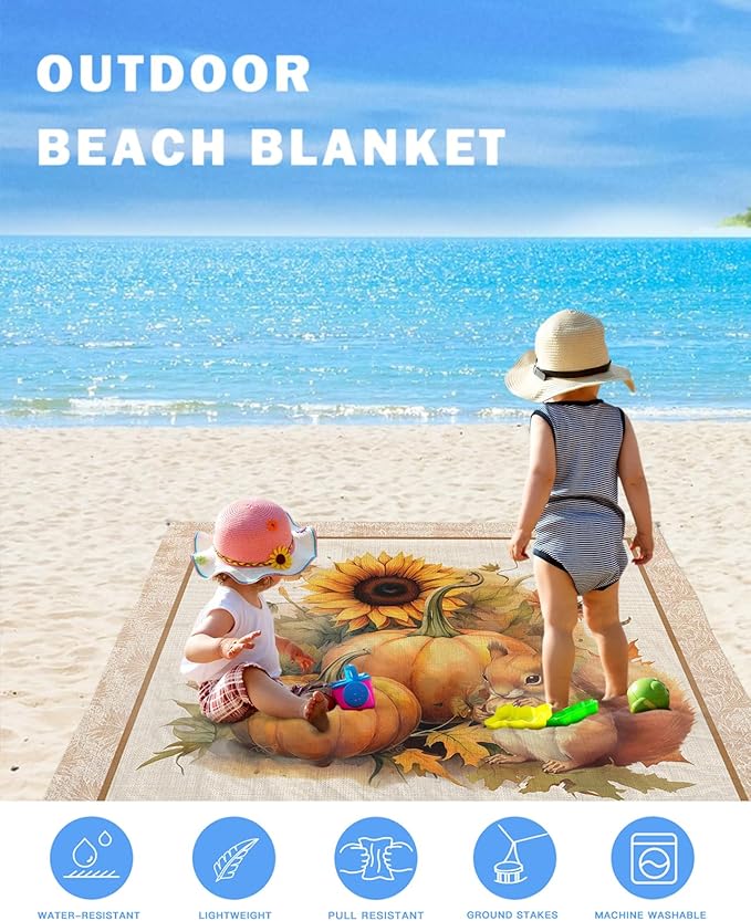 Beach Blanket Waterproof Sandproof Orange Pumpkin Squirrel Fall Watercolor Sunflower Quick Drying Beach Mat with 4 Stakes Thanksgiving Farm Harvest Lightweight Picnic Blanket for Travel 108x84