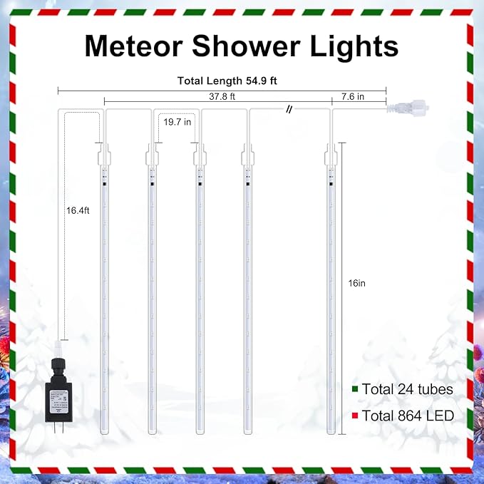 Minetom Meteor Shower Lights Outdoor 16 Inch 24 Tubes 864 LED Icicle Lights Waterproof Meteor Christmas Light Outdoor Falling Rain Light for Tree Bushes Holiday Christmas Decoration Warm White
