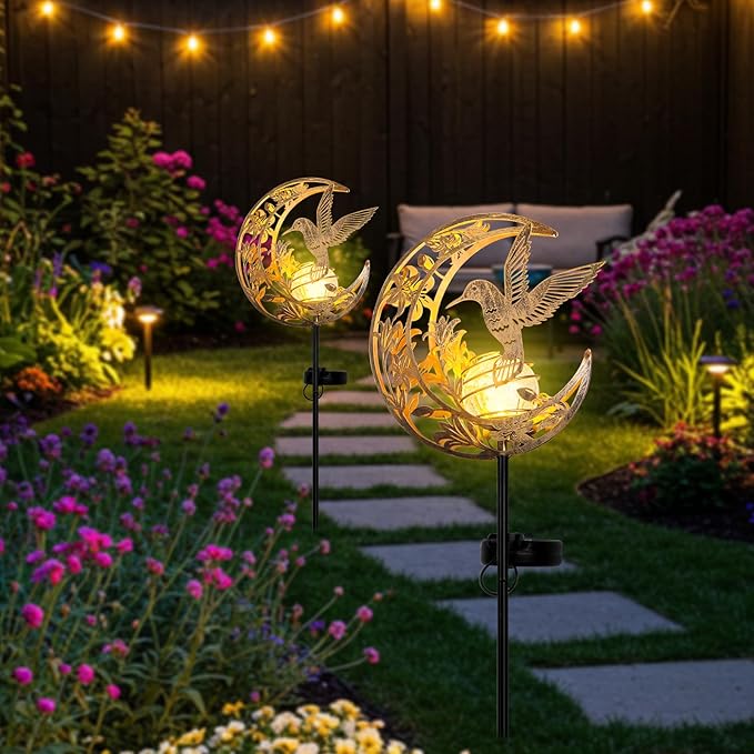 Solar Hummingbird Lights Outdoor Decor - Moon &amp Bird SolaGardenLights Waterproof Auto On/Off Pathway Lighting for Yard/Lawn/Patio Handcrafted Metal Solar-Stake-Lights for Outside Decorations