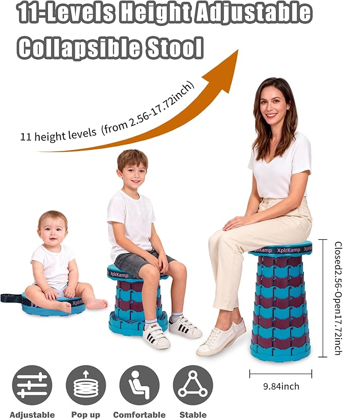 Folding Collapsible Stool - Upgraded Lightweight Portable Seat for Adults Telescoping Foldable Stools with Capacity 400lbs for Camping Hiking Fishing Outdoor/Indoor (BluePurple 2-Pack)