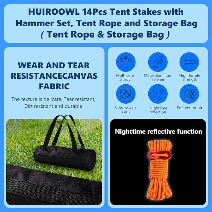 14 Pcs Camping Kit Aluminum Tent Stakes(8Pcs) with Reflective Camping Rope(4Pcs) Camping Hammer(1Pcs) Storage Bag(1Pcs) Suitable for Tent Camping Hiking and Outdoor Adventures