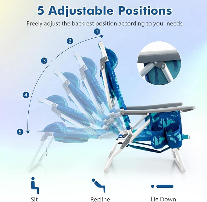 Backpack Beach Chair 5 Position Adjustable Camping Chairs with Head Pillow Cooler Bag Towel Bar Cup Holders Portable 2-Pack Folding Beach Chairs for Adults (Without Table Coconut Tree)