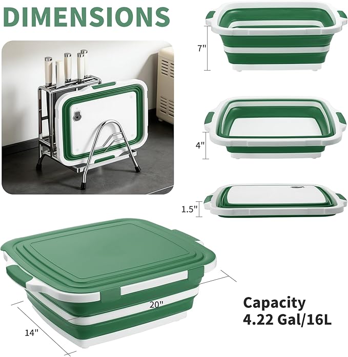 Collapsible BBQ Prep Tub for Meal Prep MarinatingFood Storage picnics camping barbecuescutting fruits and vegetables - Includes Cutting Board and Locking Lid(X-Large) Green