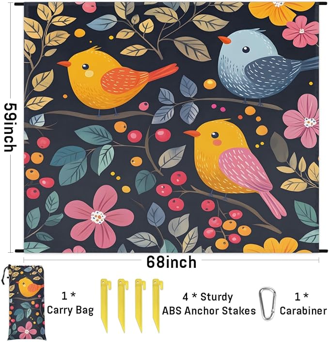 Waterproof Sandproof Beach Blanket 59''×68'' Spring Flowers &amp Birds Polyester Outdoor Picnic Blanket with 4 Stakes &amp Storage Bag for BeachCampingVacation