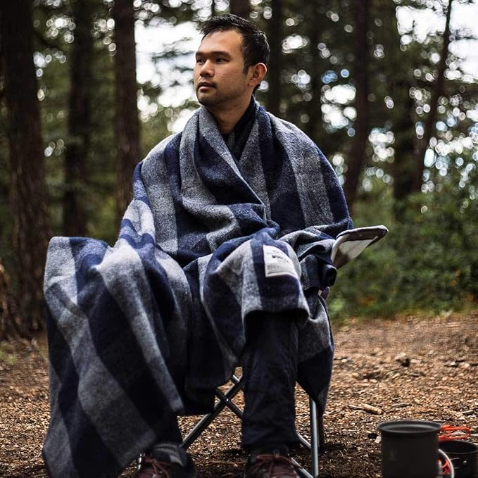 Camp Throw Blanket - 80% Recycled Wool - Buffalo Plaid - Warm Throw Blanket - Thick - Washable - 62W x 80L - Gray and Blue Plaid