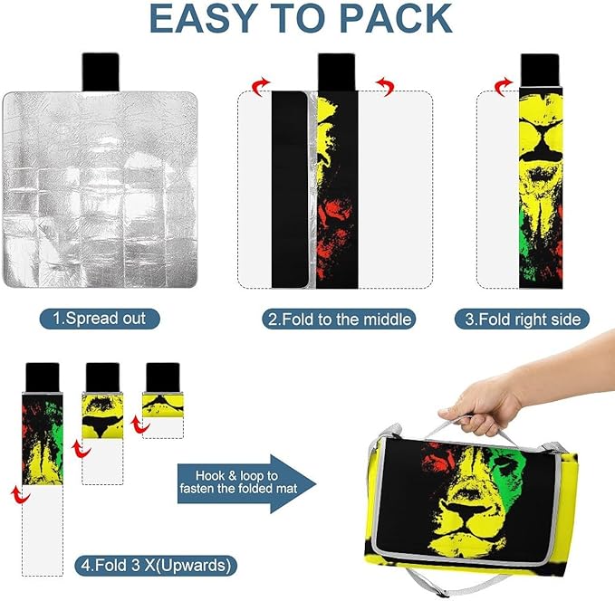 Rasta Colors Lion Waterproof Outdoor Picnic Blanket Sandproof Beach Mat for Camping Hiking Grass Travelling
