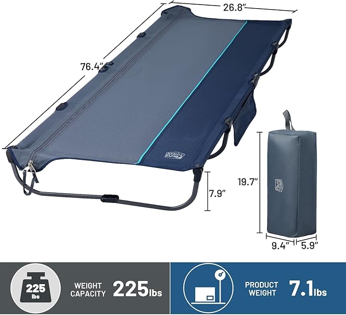 TIMBER RIDGE 20-Second Quick Set-Up Camping Cot Lightweight Aluminum Folding Cot with Zipper Closure Portable Carry Bag Included for Camping Travel and Outdoors Support up to 225lbs Blue
