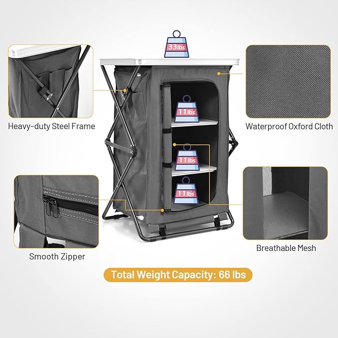Giantex Folding Camping Storage Cabinet with 3 Shelves and Carry Bag Portable Outdoor Organizer Kitchen Table Quick Set-up for BBQ Picnic Backyard Compact Pop-Up Cupboard 35''H