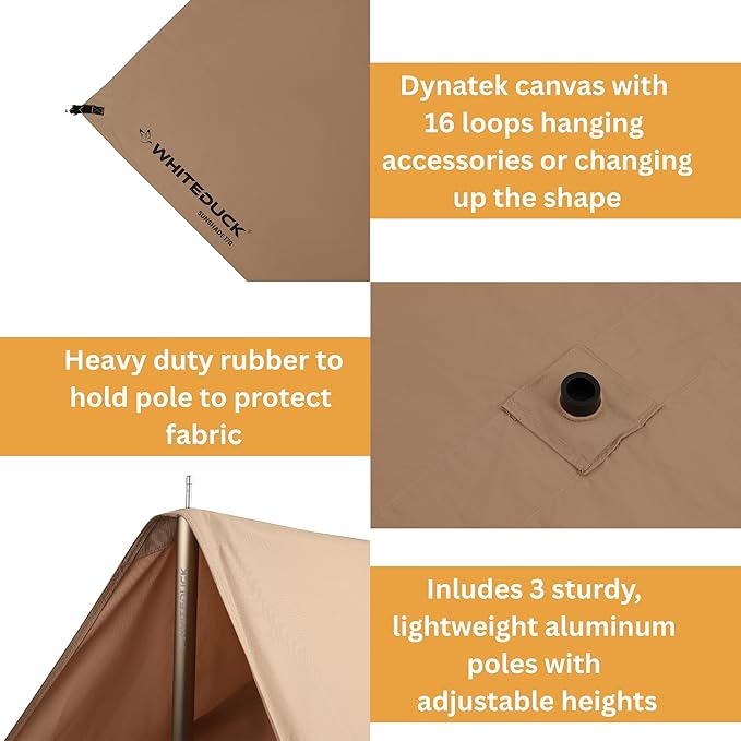 WhiteDuck Large Camping Tarp with Poles – Waterproof Heavy Duty Sunshade for Camping Car Tent Hammock Rain Shelter + UV Protection (Sandstone Beige 170 (4 x 4) m)