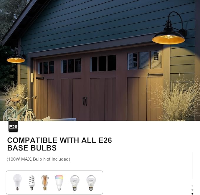 Dusk to Dawn Sensor Outdoor Barn Light Fixture 16 Inch Dome Farmhouse Outdoor Wall Sconce Exterior Wall Mount Light Industrial Black Gold Wall Lantern for Porch Garage Shed1 Pack