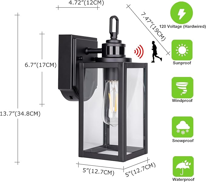 GRUENLICH Dusk to Dawn Outdoor Wall Lantern PIR Motion Sensor Wall Sconce E26 Base Max 60W Metal Housing Plus Glass Matte Black Finish Bulb Not Included 2-Pack