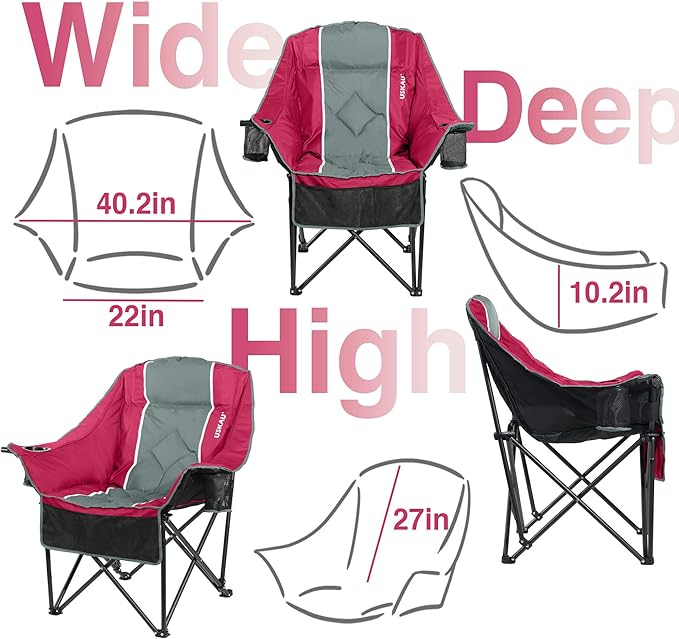 Oversized Camping Chair for Adults - Heavy Duty 400 lbs Padded Folding Chair with Wine Glass Holder 2 Cup Holders &amp Side Pockets Portable Carry Bag for RV Tailgating Lawn