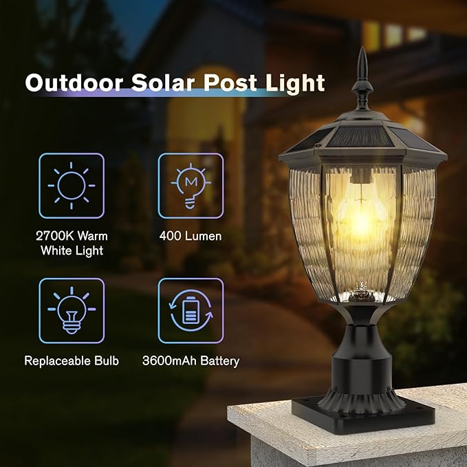 Solar Post Lights with Pier Mount Base 17.3'' H 2700K Solar Lamp Post Light Waterproof Dusk to Dawn Pole Lights Outdoor for Garden Patio Yard Pathway Gate Remote Control Black(Warm White)