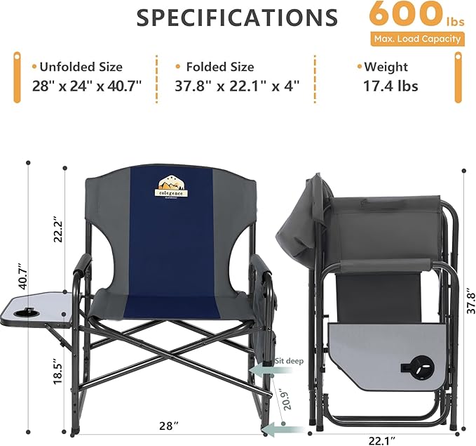 Oversized Directors Camping Chair Set of 2 Support 600 LBS Heavy Duty Folding Outdoor Chairs with Detachable Side Pocket and Adjustable Side Table for Outside BeachLawnFishing (Blue)