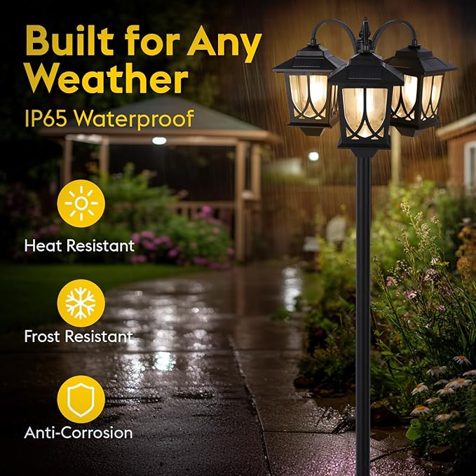 3-Head Solar Lamp Post Light 73 Solar Lights Outdoor Waterproof 60Lm 3000K Pathway Lights for Garden Lawn Yard