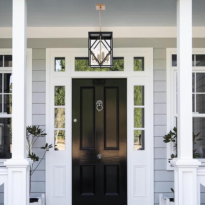 Outdoor Pendant Light for Porch 4-Light Modern Metal Exterior Hanging Lantern Pendant Light Outside Chandelier Black with Clear Glass or Front Porch Entrance Foyer Entryway Brass Socket