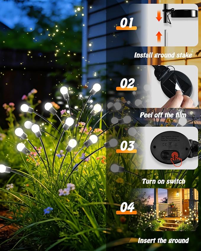 OZS 8 Pack Total 64 LED Solar Firefly Lights Fairy Outdoor - Solar Garden Lights Outdoor Sway by Wind Waterproof for Garden Patio Pathway Fairy Decoration (Cool White)