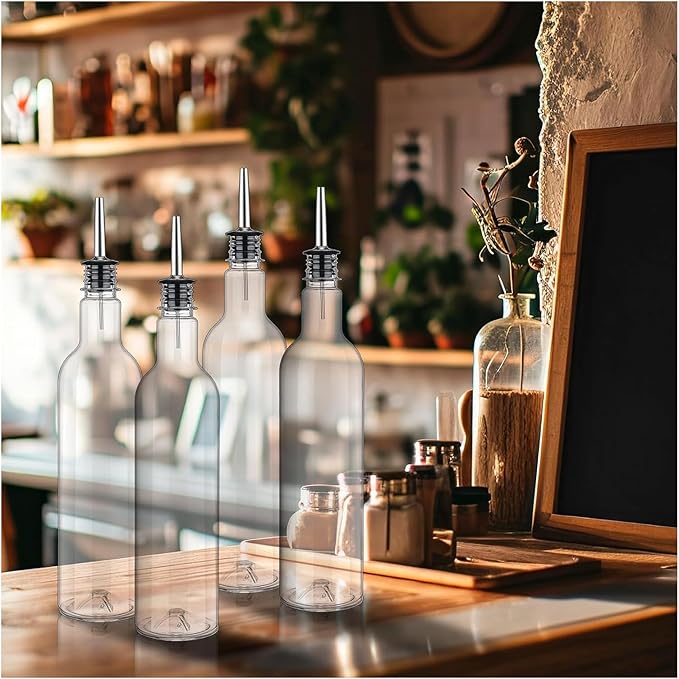 8 Sets 25 oz Plastic Liquor Bottles Long Neck Syrup Juice Bottles with Pourer and Caps Plastic Leakproof Pour Container with Stainless Steel Pourer Tapered Spout for Home Party Bar