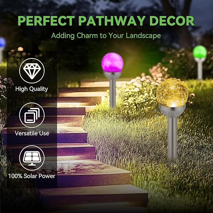 Solar Lights Outdoor 6 Pack LED Color Changing Stainless Steel IP66 Waterproof Crystal Cracked Glass Solar Garden Lights Christmas Lights Outdoor for Landscape Yard Walkway Pathway Multicolor