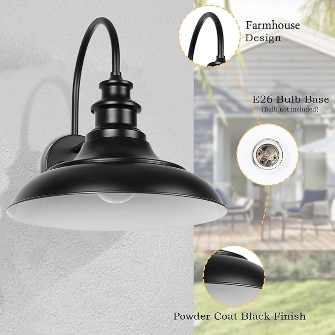 Dusk to Dawn Sensor Outdoor Barn Light Fixtures 12.3 Inch Dome Farmhouse Outdoor Wall Sconces Exterior Wall Mount Lights Industrial Black White Wall Lanterns for Porch DDRZ004-4 BK+WH
