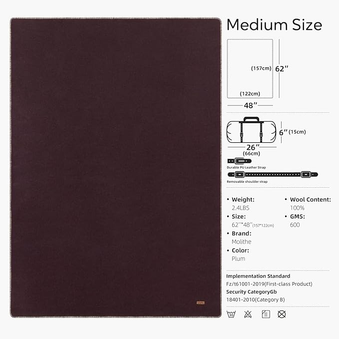 100% Wool Blanket 48 x 62 Warm Thick Washable Military Wool Blanket Great for Camping Outdoors Sporting Events Survival Kits Plum