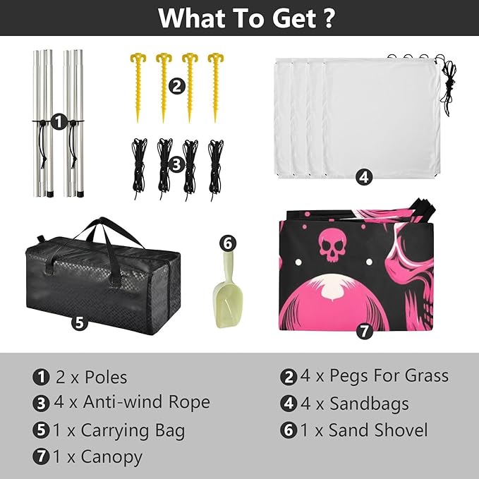 ALAZA Pink Skull Stars &amp Polka Dots Beach Tent Sun Shelter UPF50+ Protection Beach Shade Canopy w/ 4 Sandbags for Outdoor Camping Fishing Backyard Fun Picnic 10x9 ft
