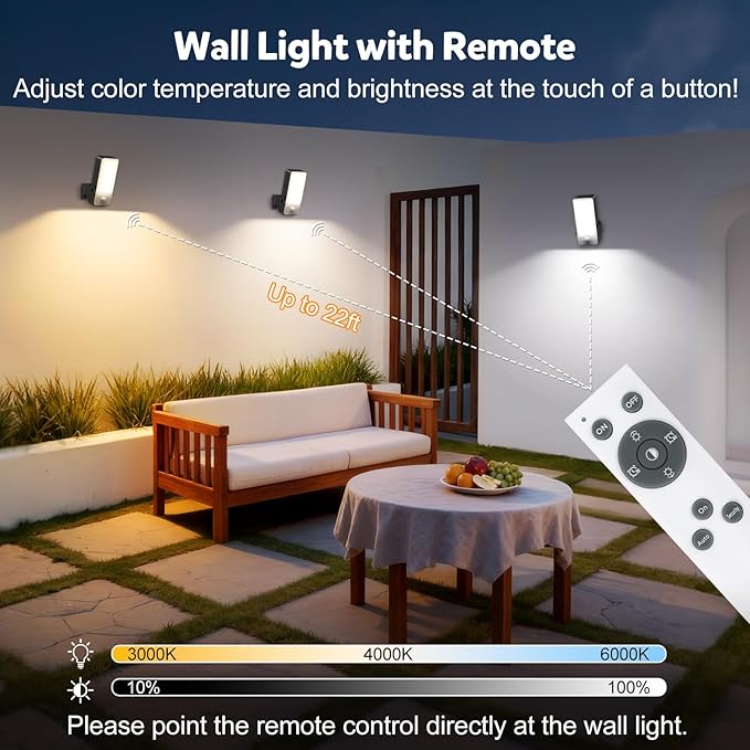 Rechargeable Motion Sensor Light Outdoor 10000mAh Battery Operated Outdoor Light with Remote 3 Modes 3000-6000K Dimmable Timer Waterproof Battery Outdoor Security Light for GarageFencesPatioGarden
