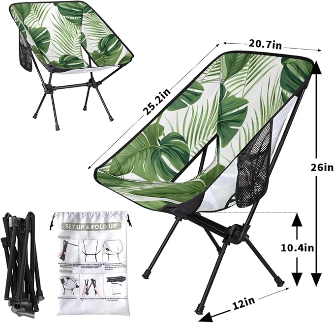 Honeybaby Folding Camping Chair Tropical Palm Leaf Print Camping Chairs Lightweight Portable Chair Outdoor Foldable Chairs for Camping Travel Picnic Beach Hiking